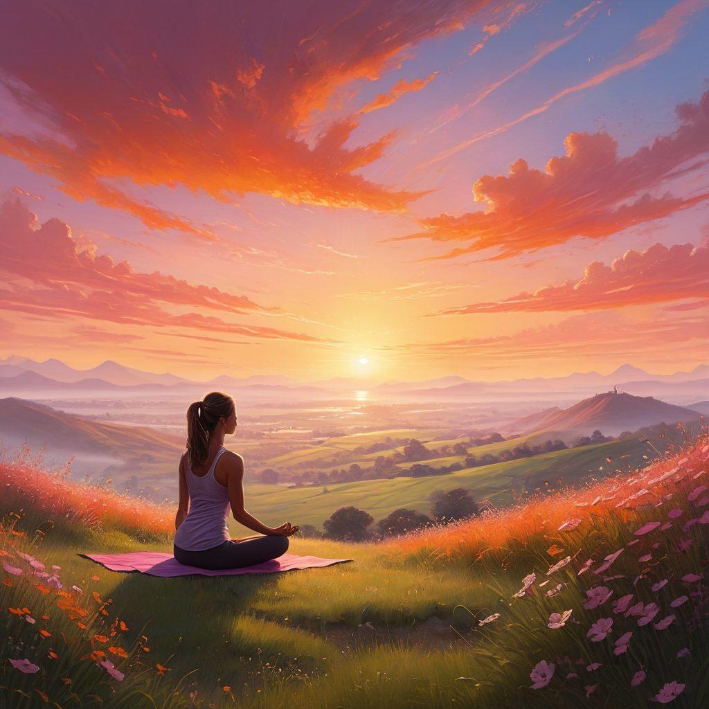 A serene sunrise illuminating a tranquil landscape, with vibrant hues of orange and pink filling the sky. Silhouettes of a person practicing yoga on a hilltop, surrounded by soft dew-kissed grass and blooming flowers, embodying the essence of peace and renewal. Ethereal rays of light radiate from the horizon, symbolizing hope and awakening. super-realistic. vibrant colors. tranquil atmosphere.