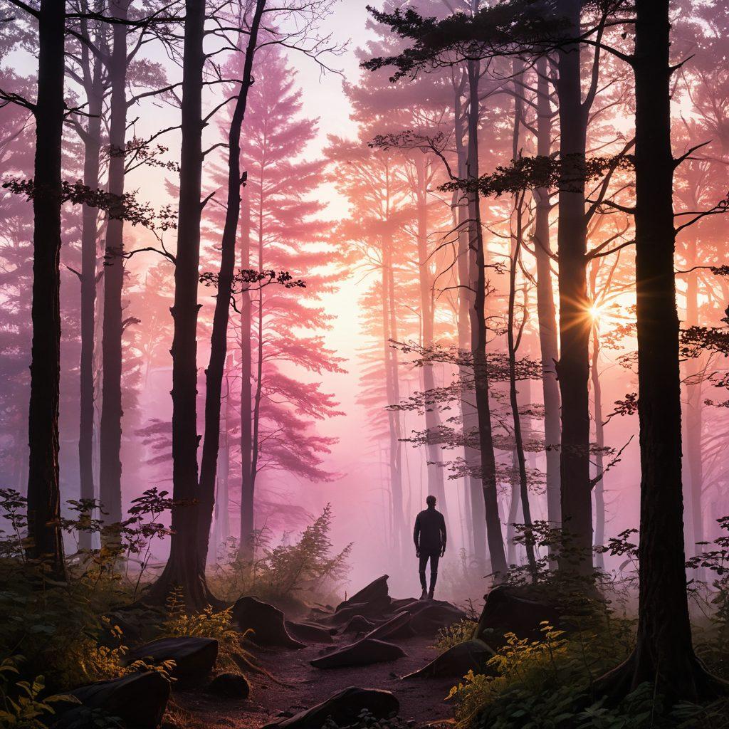 A serene landscape at dawn, where the first rays of sunlight break through a dense, misty forest. A figure stands silhouetted against the emerging light, arms raised towards the sky, as vibrant colors of pink, orange, and yellow illuminate the trees around. Ethereal glows and sparkling orbs represent inner auras radiating from the figure, captivating the sense of awakening and renewal. super-realistic. vibrant colors. dreamy atmosphere.