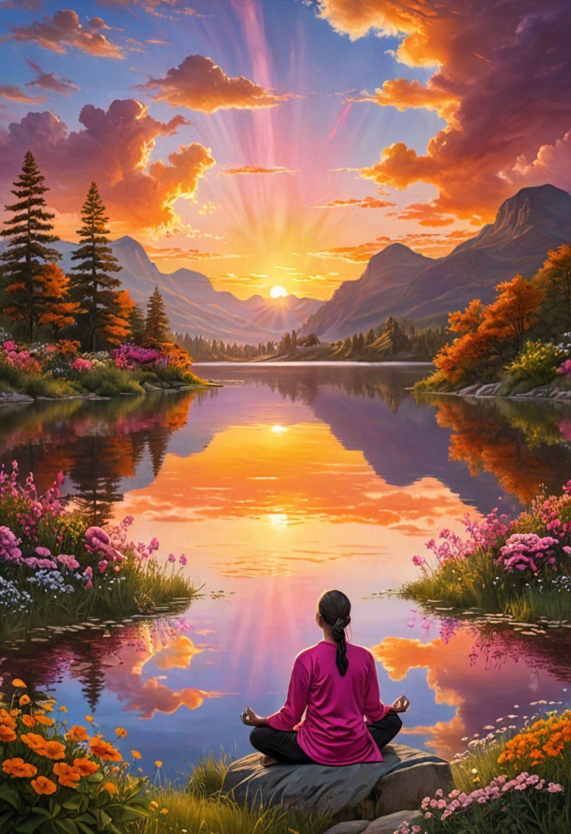 A breathtaking sunrise illuminating a tranquil landscape, with vibrant rays of orange, pink, and gold cascading over serene hills and a calm lake. In the foreground, a person meditating with eyes closed, embodying peace and inspiration, surrounded by blooming flowers and soft clouds. The scene conveys a sense of hope and renewal. super-realistic. vibrant colors. wide panoramic view.